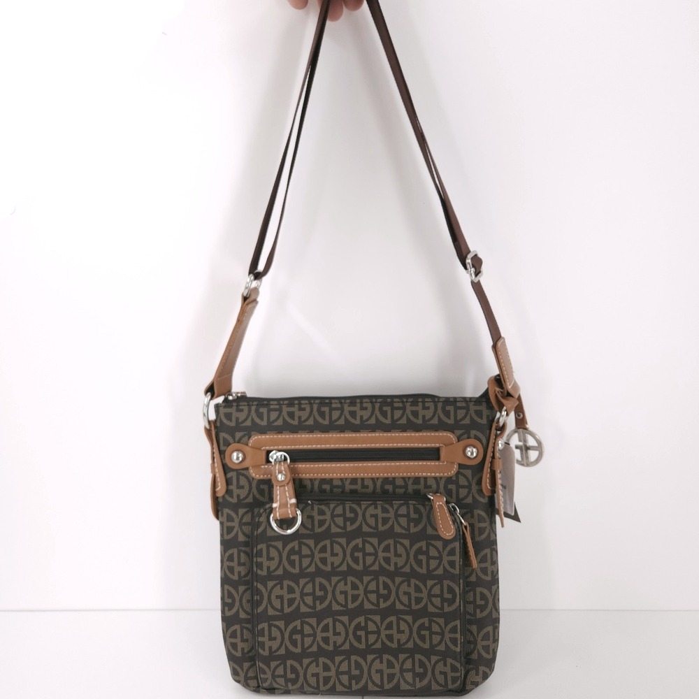 Giani Bernini Block Signature Crossbody Zip‎ Logo Brown Tan Handbag Purse Silver